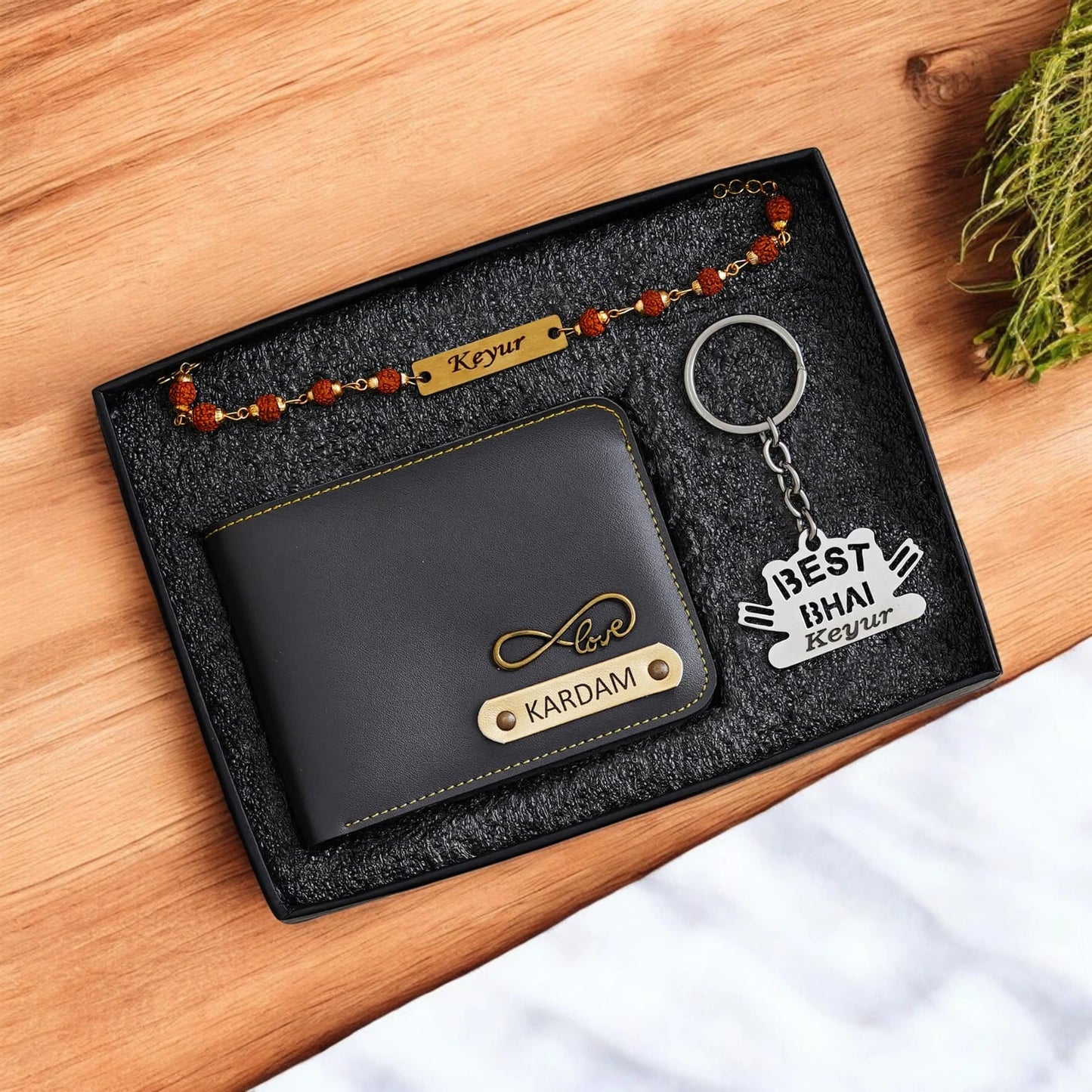 Raksha Bond – Personalized Wallet, Keychain & Rakhi Set for Him