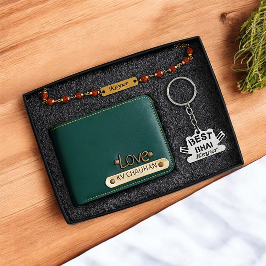 Raksha Bond – Personalized Wallet, Keychain & Rakhi Set for Him
