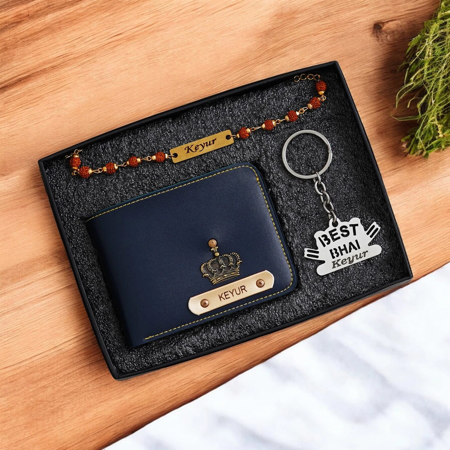 Raksha Bond – Personalized Wallet, Keychain & Rakhi Set for Him